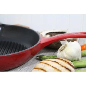 10-inch Red Round French Enameled Cast Iron Grill Pan – 16″l x 11″w x 2.5″h  |  Grill Pans and Griddles Red