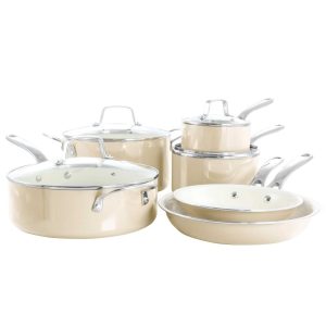 10 Piece Enameled Heavy Gauge Aluminum Ceramic Nonstick Cookware Set in Butter Cream  |  Cookware Sets Cookware Sets Beige