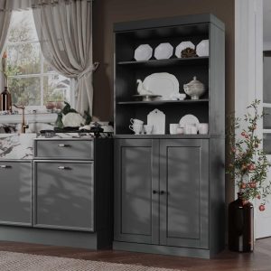 100% Solid Wood Modular Kitchen Pantry with Solid Wood, Clear or Frosted Glass Doors and 2-Drawer Organizer by   |  Pantry Cabinets Kitchen Furniture Black, Blue, Brown, Grey, White