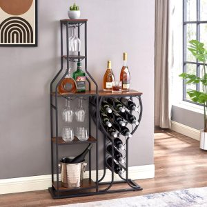 11-Bottle Rustic Brown Wine Rack 5 Tier Freestanding Wine Bakers Rack with Hanging Wine Glass Holder and Storage Shelves  |  Wine Racks Kitchen Storage Brown