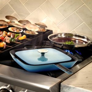 11 Inch Square Enamel Cast Iron Grill Pan in Blue with Press  |  Grill Pans and Griddles Grill Pans & Griddles Blue