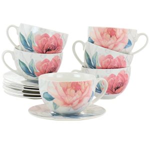 12 Piece Ceramic Flora 18oz Cup and Saucer Set in White  |  Cups Cups Cups