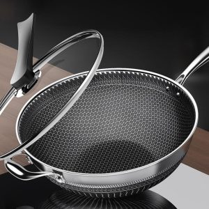 13.4-Inch Stainless Steel Wok Honeycomb Frying Pan With Glass Lid  |  Pots and Pans Pots & Pans Black, Silver