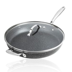 14″ Nonstick Family Fry Pan with Helper Handle and Glass Lid.  |  Pots and Pans Pots & Pans Black