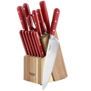 14pc Stainless Steel Cutlery Set with Storage Block  |  Knife Sets Red