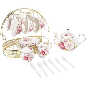 15 Piece Ceramic Tea Sets,Bone China Coffee Set with Metal Holder  |  Mugs Dinnerware Mugs