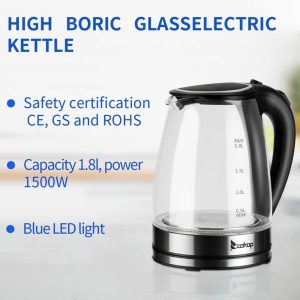 1500W 1.8L Electric Glass Tea Kettle Hot Water Kettle with Auto Shutoff Protection, Stainless Steel Lid & Bottom  |  Pots and Pans Pots & Pans Pots & Pans