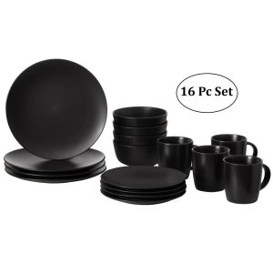 16 PC Dinnerware Dish Set for 4 Person | Mugs, Salad and Dinner Plates and Bowls Sets, Chip and Crack Resistant, Matte Black  |  Dinnerware Sets Dinnerware Black