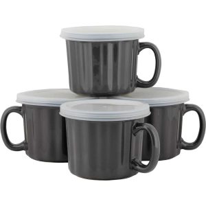 16oz Set of 4 Soup Mug with Lid  |  Mugs Dinnerware Grey, Red, Turquoise, White