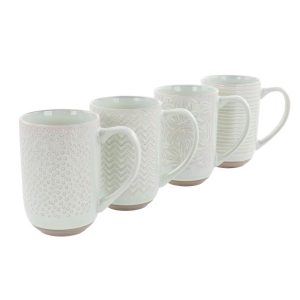 19 Ounce 4 Piece Stoneware Assorted Wax Relief Designs Mug Set  |  Mugs Dinnerware Green