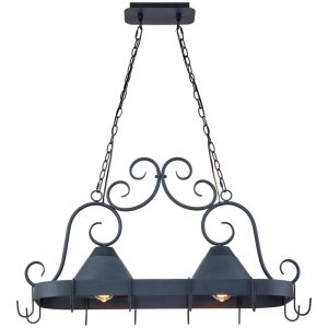 2-Light Antique Zinc Finish Pot Rack Kitchen Island Chandelier  |  Pot Racks Kitchen Storage Black