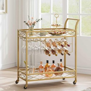 2 Tier Gold Bar Cart with Wheels & Wine Rack – N/A  |  Home Bars Home Bars Home Bars