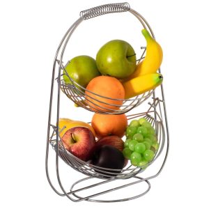 2 Tier Metal Fruit Holder Swing Basket for Kitchen Detachable Countertop Vegetables Storage Organizer with Display Hammock Stand  |  Bowls Bowls Bowls