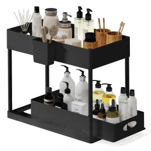 2 Tier Under Kitchen Sink Organizer with Sliding Drawer-Bathroom Cabinet Organizer with Utility Hooks and Side Caddy  |  Pantry Organizer Kitchen Storage Black, White