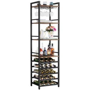 20 Bottle Wine Bakers Rack, 9-Tier Freestanding Floor Wine Rack with Glass Holder and Storage Shelves  |  Wine Racks Kitchen Storage Brown