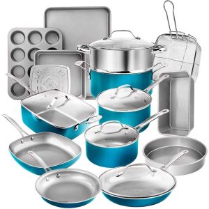 20 Piece Nonstick Cookware and Bakeware Set, Pots and Pans Set  |  Cookware Sets Cookware Sets Blue, Orange, Red, Tan, Turquoise