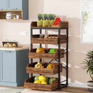 23.6” W Fruit and Vegetable Wood Storage Rack, 5-Tier Pull-Out Snack Stand Fruit Basket Stand  |  Pantry Organizer Kitchen Storage Brown