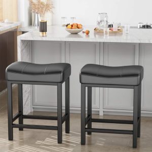 24″ Counter Height Stools Set of 2 Saddle PU Leather Bar Stools – 18.5 x 14.2 x 24.6 in  |  Counter and Bar Stools Counter & Bar Stools Black, Brown, White