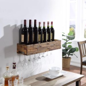 24 Inch Floating Wine Shelf With Glass Holder  |  Wine Racks Kitchen Storage Brown