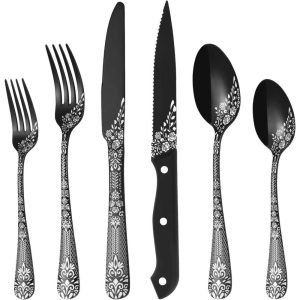 24-piece Flatware Set, Unique Pattern Design  |  Flatware Dinnerware Black, Gold