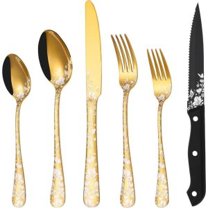 24-Piece Silverware Set with Steak Knives for 4  |  Flatware Dinnerware Black, Gold