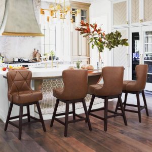 26 in. Mid-Century Modern Wood Frame Swivel Bar Stools with Faux Leather and Linen Upholstered Seat（Set of 4）  |  Counter and Bar Stools Counter & Bar Stools Black, Brown, Grey, Off-White, Tan