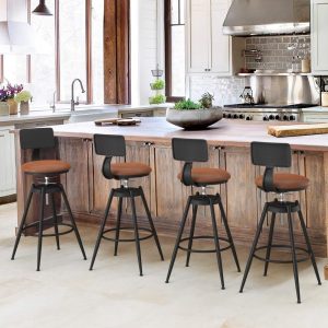 26 in to 38 in Metal Frame Swivel Bar Stools with Adjustable Height Faux Leather Upholstered Seat（Set of 4）  |  Counter and Bar Stools Counter & Bar Stools Brown, Grey