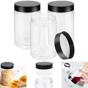 27oz Clear Plastic Jars with Screw-On Lids – 3-Pack  |  Food Storage Containers Food Storage Containers Black, Clear