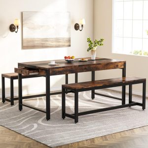 3 Piece Industrial Dining Table Set with Bench and Sided Drawer for Kitchen  |  Kitchen and Dining Sets Kitchen & Dining Sets Brown