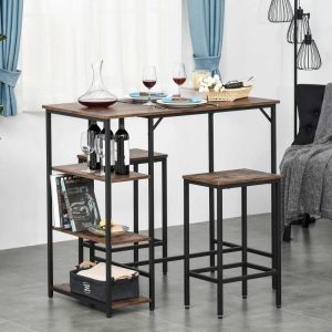 3 Piece Kitchen Bar Table and Chairs with Storage Shelf, Dining Room Industrial Pub Desk and Stools, Rustic Brown  |  Bar Tables Bar Tables Bar Tables