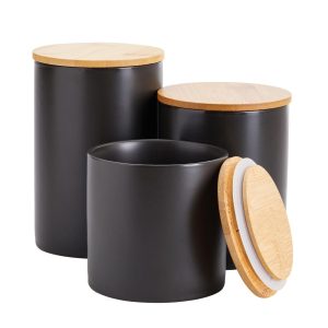 3-Piece Small Matte Black Ceramic Kitchen Canisters Set with Airtight Bamboo Lids for Coffee and Tea Storage, 3 Sizes  |  Kitchen Canisters Kitchen Canisters Black