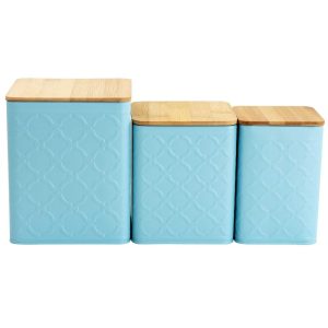 3 Piece Square Iron Kitchen Canister Set with Bamboo Lids in Turquoise – 6.3in canister,  |  Kitchen Canisters Kitchen Canisters Blue