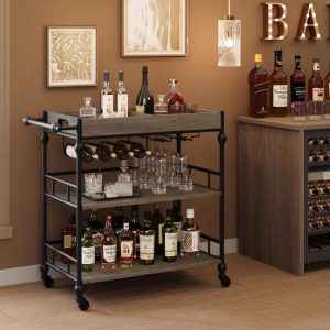 3 Tier Bar Cart with Wheels, Wine Rack and, Glasses Holder and Removable Tray  |  Home Bars Home Bars Brown, Grey