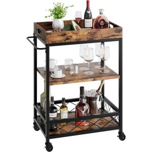 3 Tier Bar Cart with Wine Rack, Wheel Locks  |  Home Bars Home Bars Brown, Grey