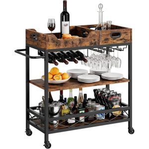 3 Tier Home Bar Serving Cart with Wine Rack and Glass Holders  |  Home Bars Home Bars Brown, Grey