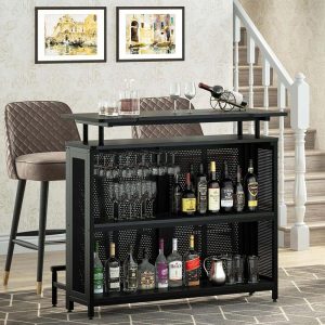 3 Tier Home Bar Unit, Wine Bar Table with Stemware Racks and Shelves  |  Home Bars Home Bars Black, White