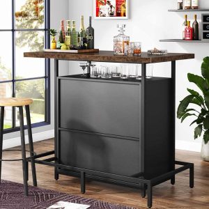 3-Tier Liquor Bar Table with Glasses Holder, Wine Storage, Footrest  |  Home Bars Home Bars Black