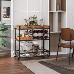 3-Tier Mobile Bar Serving Cart Liquor Storage Trolley with Wine Rack  |  Home Bars Home Bars Brown