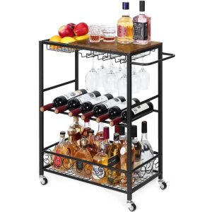 3 Tier Mobile Bar Serving Cart, Rolling Wine Cart with Glass Stemware Rack and Wine Bottle Holders  |  Wine Racks Kitchen Storage Black, Brown