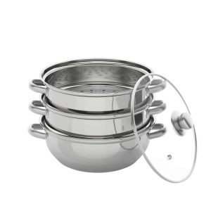 3 Tier Stainless Steel Steamer Pot with Glass Lid  |  Slow Cookers Kitchen Appliances Silver