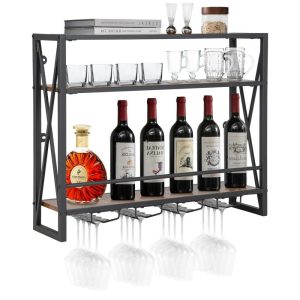 3-Tiers Industrial Wall Mounted Wine Rack with Glass Holder and Metal Frame  |  Wine Racks Kitchen Storage Brown