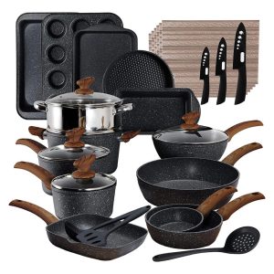 30-Piece Kitchen Black Granite Cookware and Bakeware Set, Cooking Pans Set Non-Stick Pots and Pans Set  |  Cookware Sets Cookware Sets Black