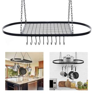 32″ Hanging Pot Rack with 10 Hooks  |  Pot Racks Kitchen Storage Black