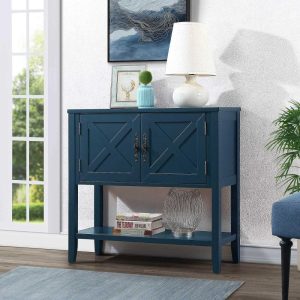 35″ Farmhouse Wood Buffet Sideboard Console Table with Bottom Shelf and 2-Door Cabinet  |  Pantry Cabinets Kitchen Furniture Blue, Brown, Grey, White