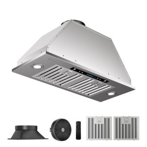 36/30-inch Ducted Insert Range Hood, 900 CFM Stainless Steel Hood with Gesture Control and LED Lights  |  Major Appliances Kitchen Appliances Black, Silver