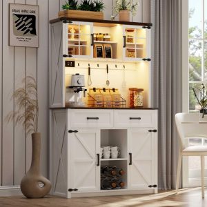 39.37” Sideboard Buffet Cabinet With Led Lights – N/A  |  Pantry Cabinets Kitchen Furniture Brown, White