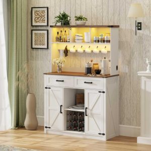 39.37” Sideboard Buffet Cabinet With Led Lights – N/A  |  Pantry Cabinets Kitchen Furniture Brown, White