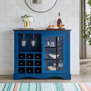 39″ Marbling Wood Buffet Cabinet w/ Glass Door & Wine Rack  |  Wine Racks Kitchen Storage Blue, White