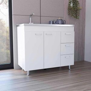 39” Modern White Utility Sink Cabinet With 3 Drawers and 2 door  |  Pantry Cabinets Kitchen Furniture Pantry Cabinets