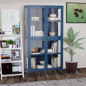 4 Glass Door Storage Cabinet with Adjustable Shelves and Feet  |  Pantry Cabinets Kitchen Furniture Black, Blue, Green, White